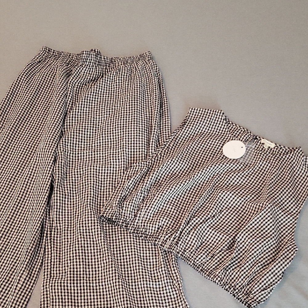 NWT En Creme Black & White Gingham Elastic Waist Top and Wide Pants Set Size L